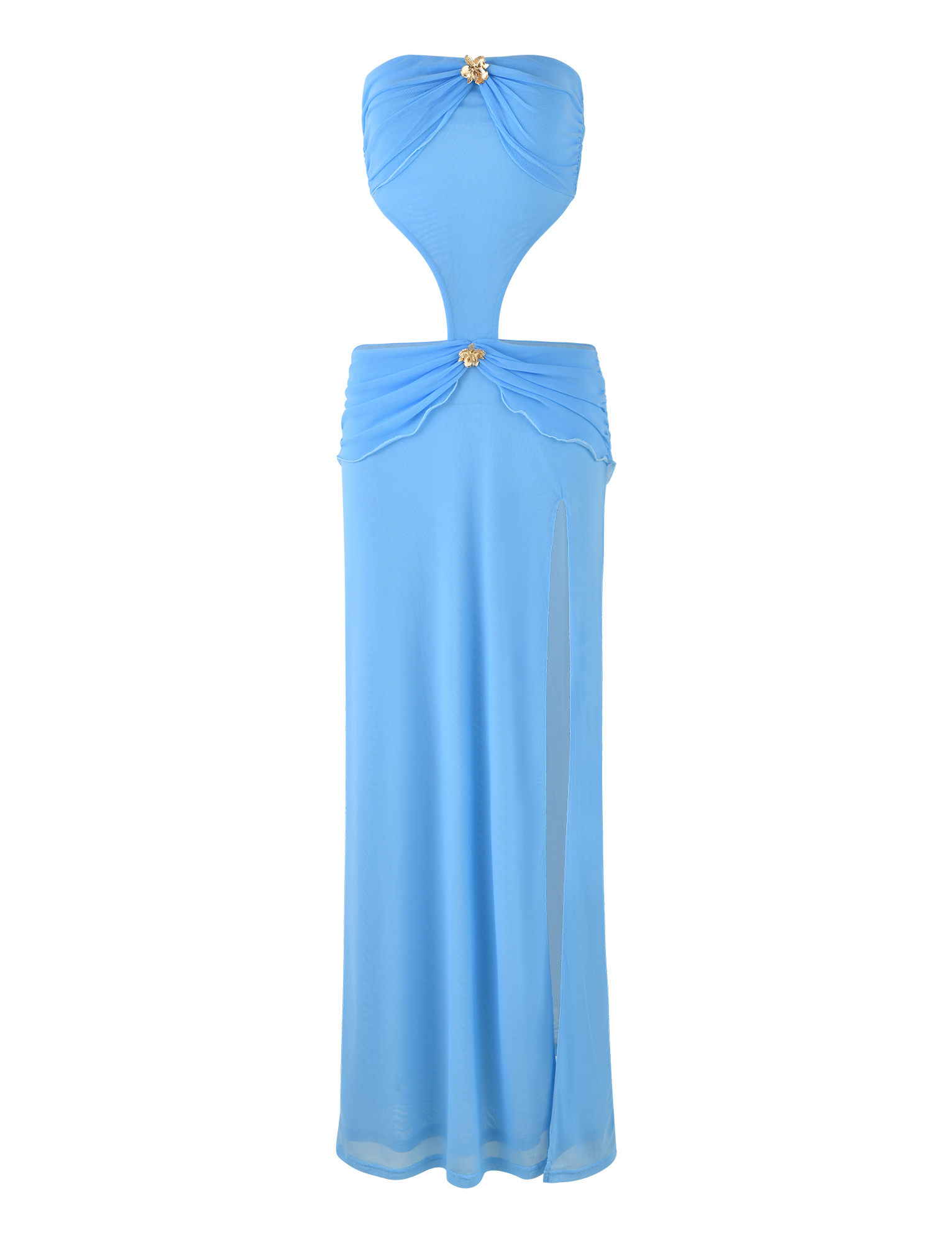 The TIGERMIST KYNLEE DRESS in sky blue is a strapless cut-out dress featuring a fitted silhouette, high thigh slit, and floral gold metal hardware at the bust and waist, with layered draping around the neckline for added elegance.